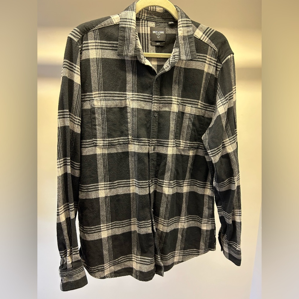 Only & Sons Black and Gray Button Up Long Sleeve Shirt